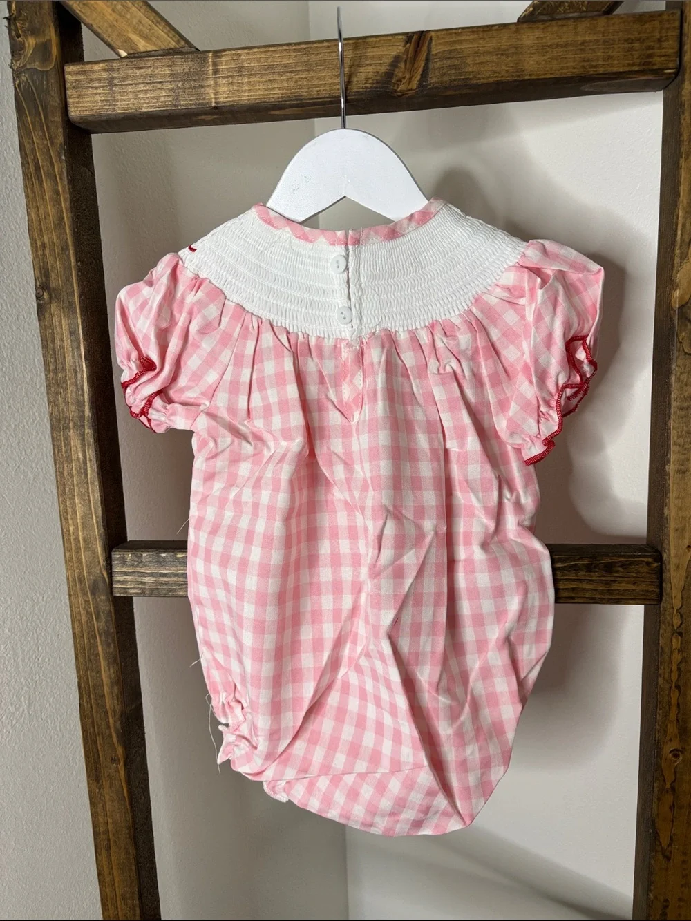 Pink Gingham Smocked Christmas Baby One-Piece with Embroidered Santa Bows 18M
